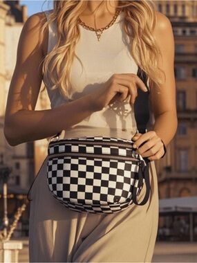 Black/White Checkered Crossbody Bag with Wide Strap